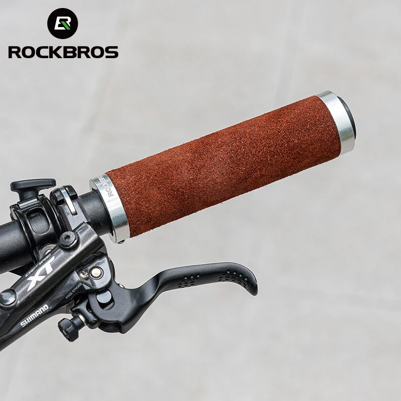 ROCKBROS Leather Bicycle Grips MTB Handle Bar Grips Ergonomics Handlebar Grip Bilateral Lock Non-slip Cozy Bike Accessorie