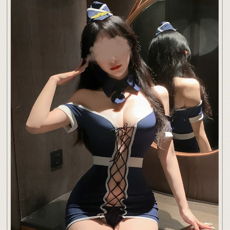 زي مضيفة مثير للنساء ، فستان أزرق ، ملابس داخلية كوسبلاي ، ملابس داخلية مثيرة ، أزياء دمى ، ملابس مكتب ، جديد