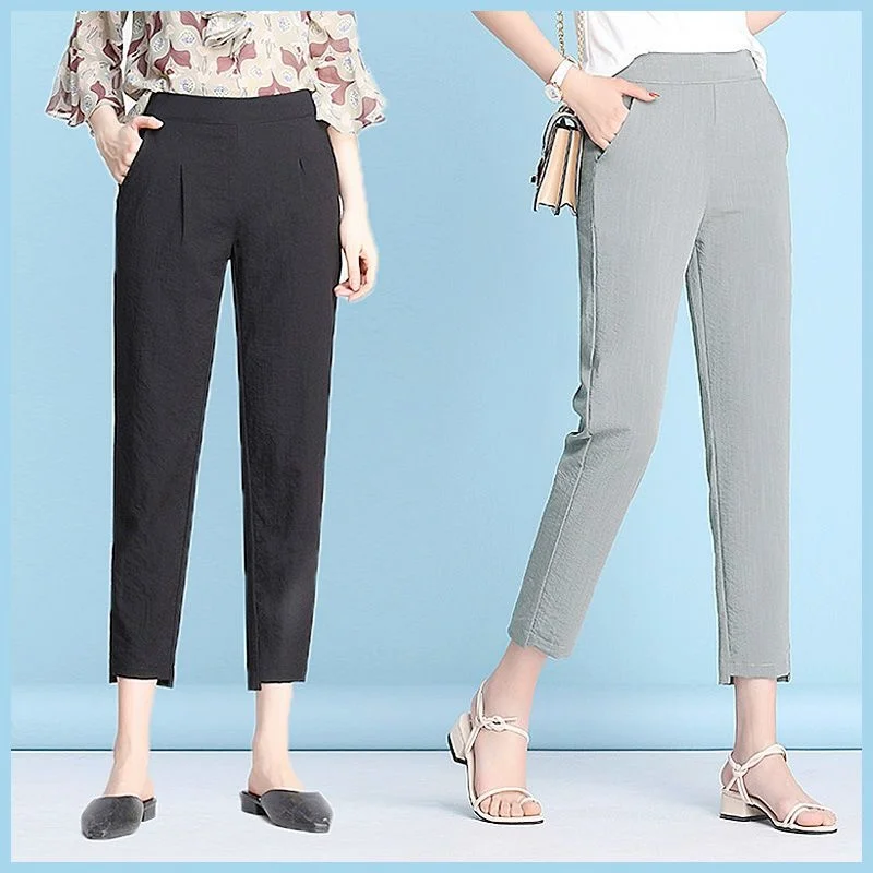 

Thin Cropped Women's Summer Cotton Linen Loose Ankle Length Harem Pants Casual Solid Elasti High Waist Pants