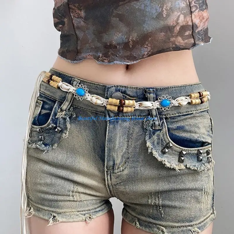 

E56A Fringed Bohemian Waist Belt Knotted Turquoises Waistband Dress Rope Belt Decorative Belt Girl Women Waist Decors