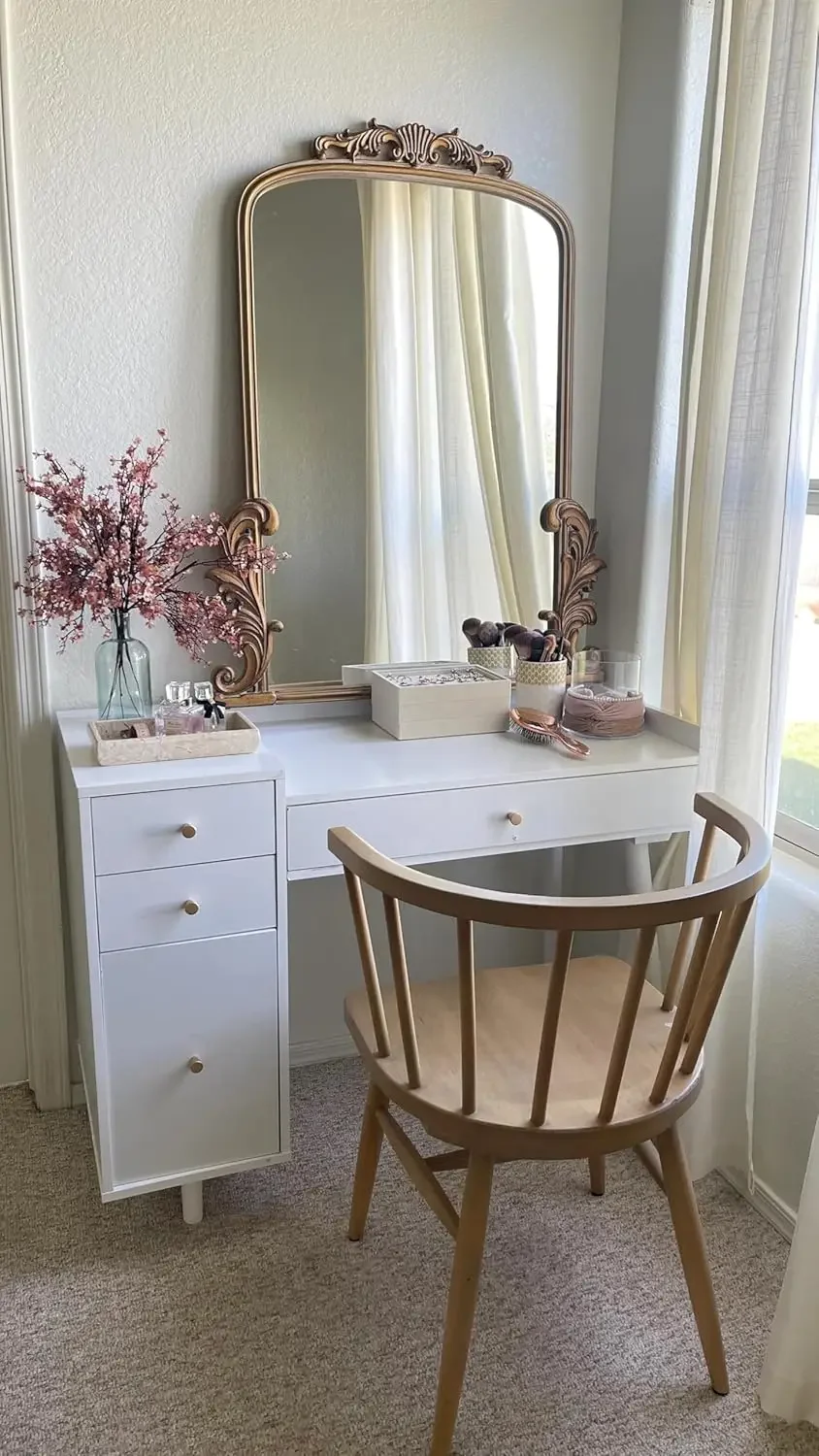 Nathan James Daisy Vanity Dressing Table or Makeup Desk with 4-Drawers and Brass Accent Knobs, White Wood