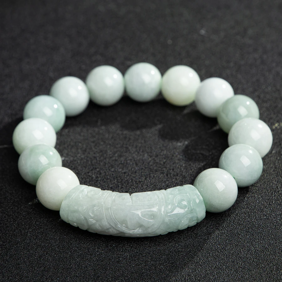 

TIMESWIND Natural A-type Jade Patterned Curved Tube Light Green Beaded Women Bracelet with certificate