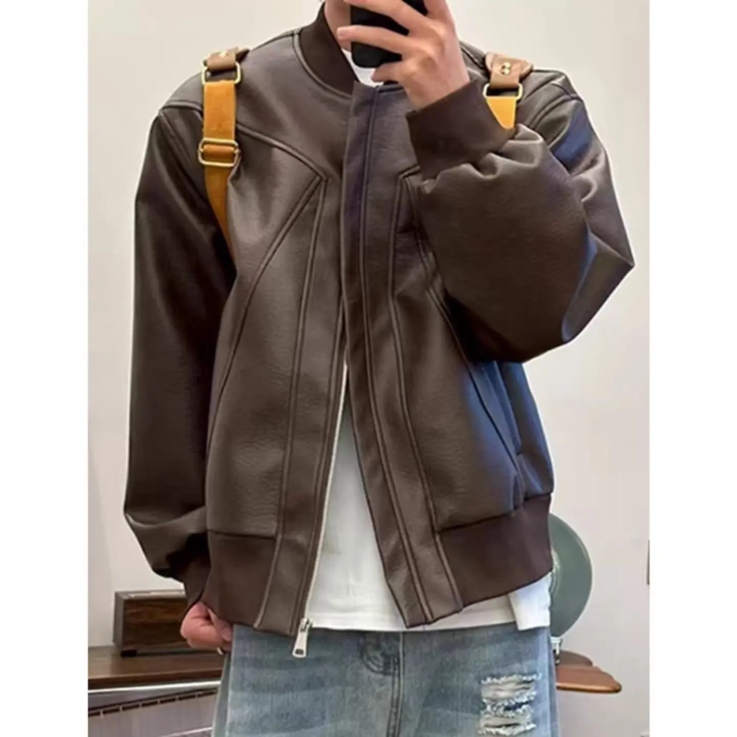 

Bla American Deconstructed PU Leather Jaet Men's ort Cotton Insert Motorcycle Jaet Spring Casual Faion Youth