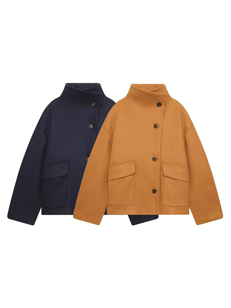 

Женская весенняя модная прямая блузка с воротником-стойкой, карманами, длинными рукавами, однобортная, свободного кроя, повседневная, однотонная, шерстяная.