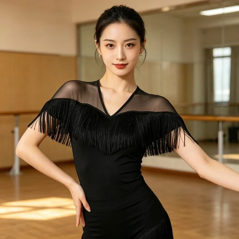 yeswomen-mesh-fringe-latin-dance-top-short-sleeve-adult-ballroom-t-shirt-samba-professional-practice-competition-stage-dancewear