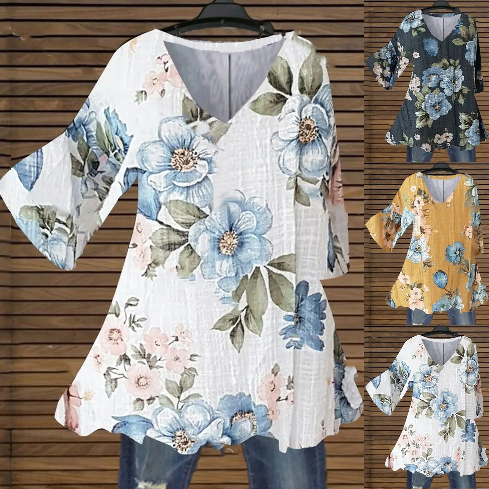 Fashion Women New Spring Shirts Floral Print Irregular Hem Blouse Women Clothing Casual 3/4 Sleeve Shirt Oversize