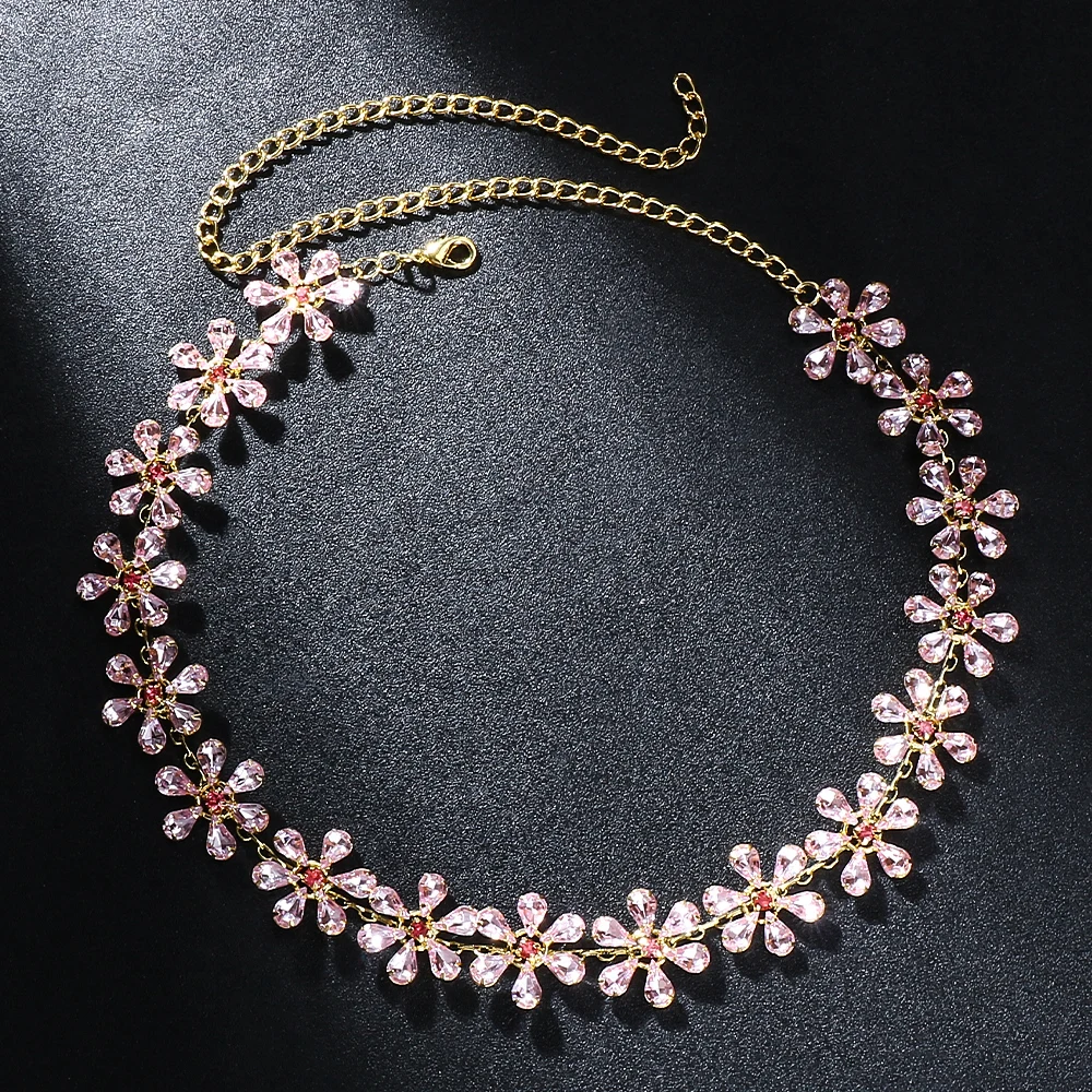 Stonefans Pink Crystal Flowers Choker Necklace Statement Accessories Fashion Women Rhinestone Collar Necklace Clavicle Jewelry