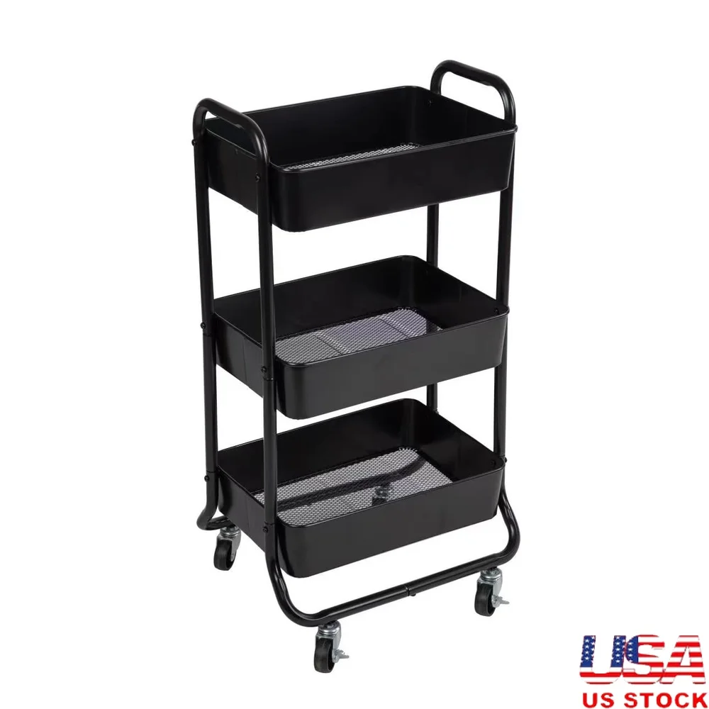 3 Tier Metal Utility Cart Rolling Storage Solution Durable Frame Locking Wheels Versatile Use Kitchen Office Bathroom Tool