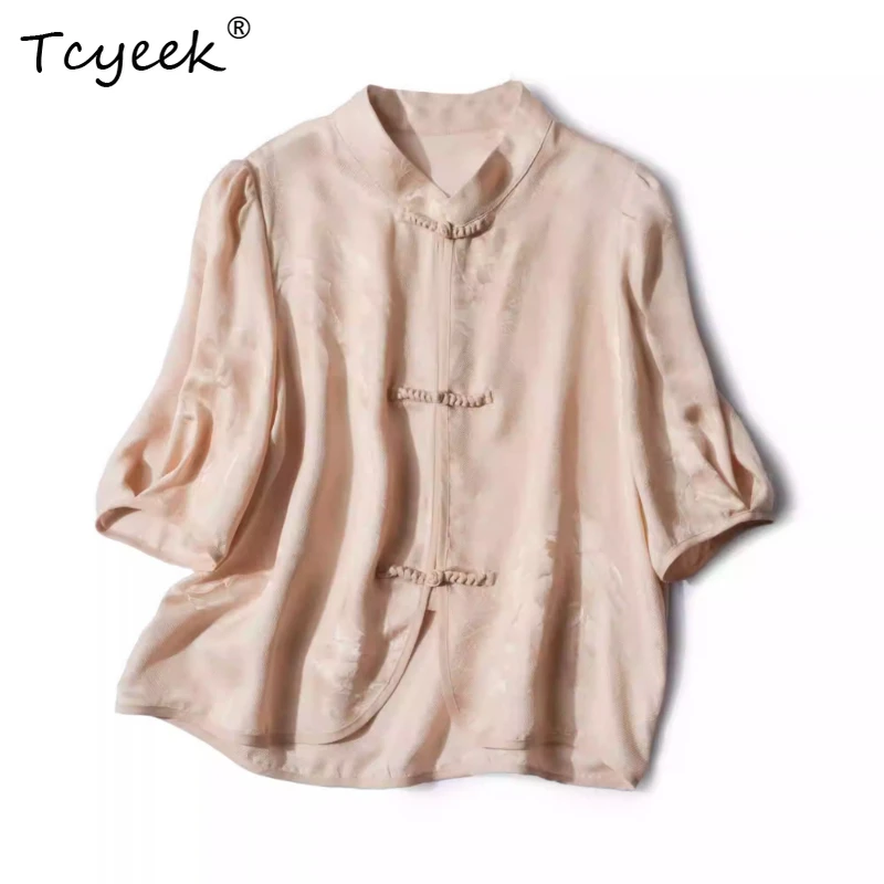 

Tcyeek 100% Mulberry Silk Summer Thin Short Sleeve Tee New National Style Standing Collar Tassel Women's Shirts Женская Одежда