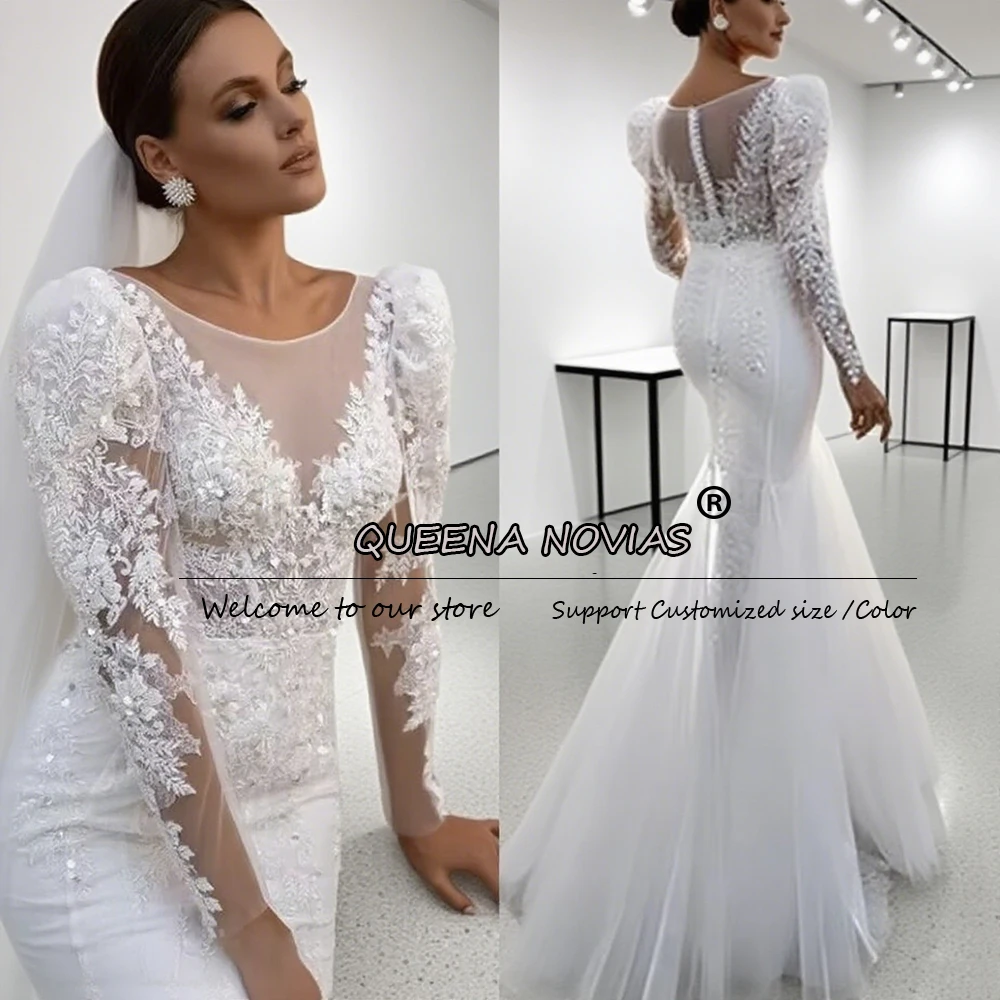 

Modern Scoop Neck Long Sleeves Wedding Dresses For Bride Lace Appliques Beaded Mermaid Bridal Gowns Customized Woemn Reception
