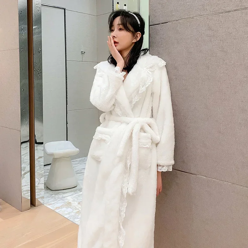 New Winter Coral Fleece Robe Women Nightgown Sweet White Lace Trim Thickened Flannel Long Bathrobe Sleewpear Casual Home Dress