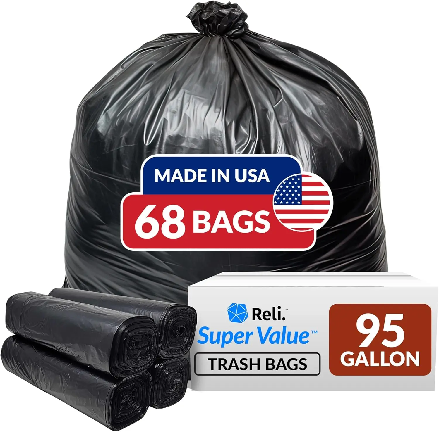 

95 Gallon Heavy Duty Trash Bags, 68 Count, Black, Super Size for Serious Cleanup