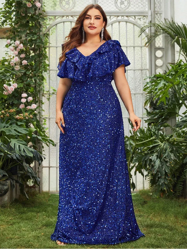 Plus Size Multi-Layered Ruffled V-Neck Sleeveless Floor-Length Evening Gown 4xl5xl Elegant Luxury Bigsize Sequined Evening Gown