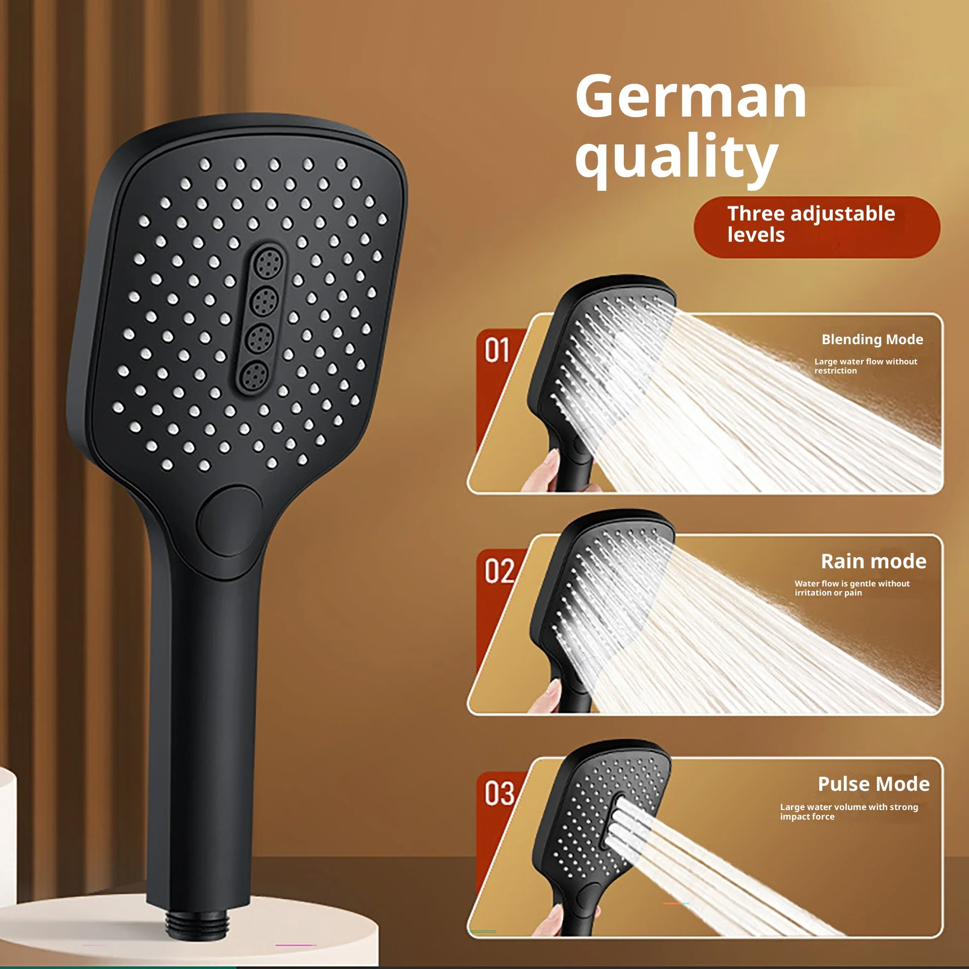 

Rectangular shower head, three-speed button shower head, handheld shower head, pressurized water-saving bathroom