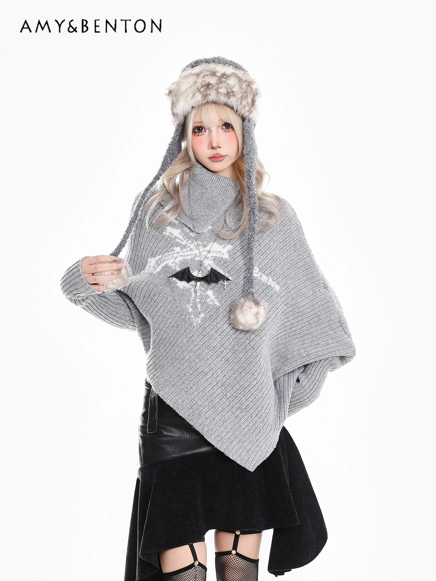 

Autumn Winter New Vintage Dark Style Irregular Women's High Neck Gray Black Printed Loose Casual Knitted Sweater