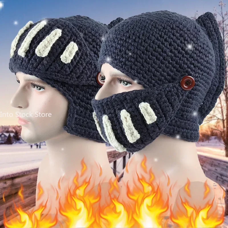 High Quality Winter Roman Knight Knit Hat Face Neck Wind Handmade Cotton Hat Gladiator Masks Cap Beanies Leisure bonnets