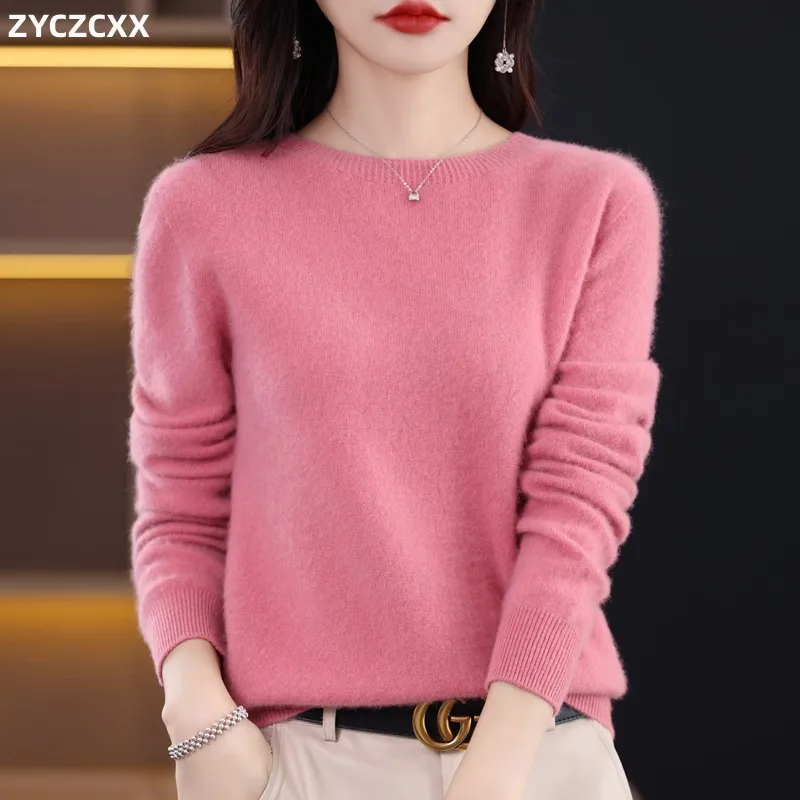 

ZYCZCXX Cashmere Women's Knitted Sweater 100% Pure Merino Wool One-line Ready-to-wear Pullover 2023 Winter O-neck Autumn Sweater