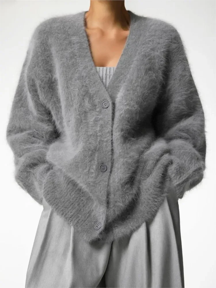 Elegant V Neck Mohair Soft Cardigan Women Loose Solid Long Sleeve Warm Plush Sweater Coat Lady Winter Chic Female Knitwear