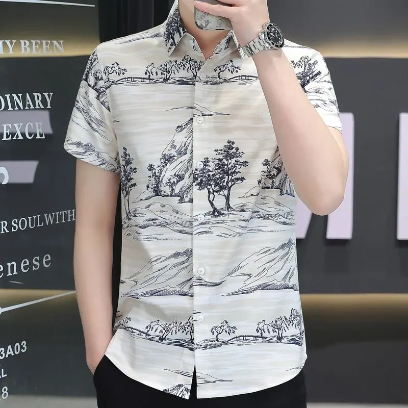 Vintage Printed Lapel Button Loose Short Sleeve Shirts Men\'s Clothing 2024 Summer New Oversized Casual Tops Korean Shirt