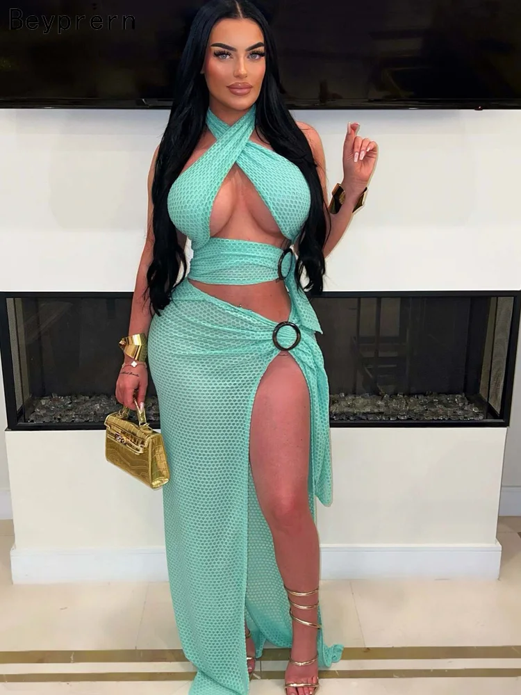 

Beyprern Beautiful Cut-Out Halter Neck Crop Top + High Slit Resort Skirt Set Summer Women O-Rings Fishnet Beach Cover-Up Set