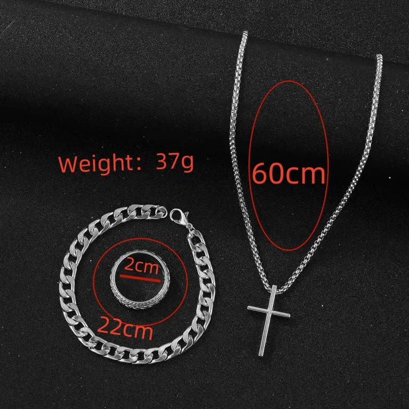 3pcs/set Punk Black Cross Pendant Necklace Thick Chain Bracelet Ring Fashion Jewelry Sets Men for Autumn