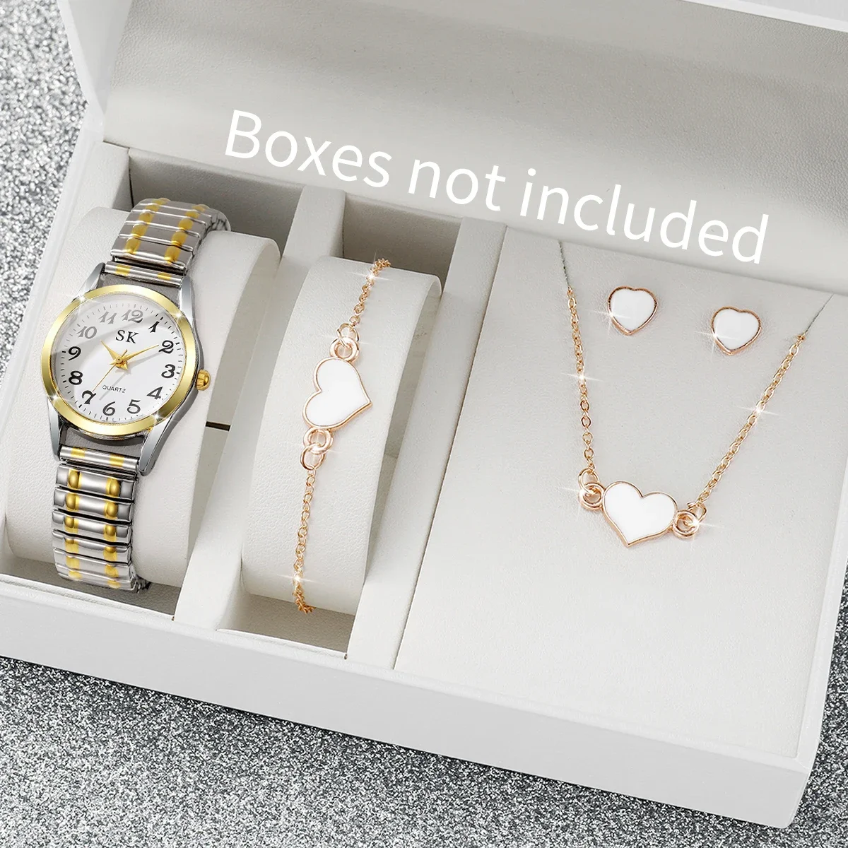 

5PCS Fashion Elastic Strap Women Quartz Watch Simple Arabic Dial Ladies Wristwatch Heart Jewelry Set Reloj Mujer (Without Box)