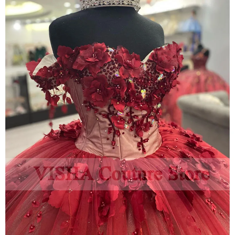 สีแดงปิดไหล่ Quinceanera ชุด2022 Tulle Lace Up Appliques ชุดไปงานเต้นรำชุดงานวันเกิด Vestidos De 15ปี