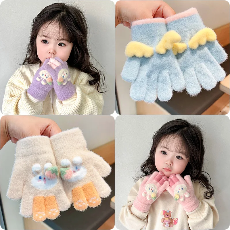 Winter Children's Gloves Warm and Thick Cold Baby Dress Gloves Cute Cartoon Knitted Wool Five-finger Baby Mittens