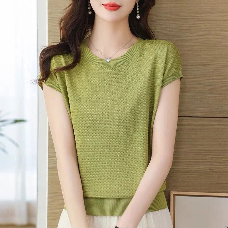 아웃렛 아이스 실크 니트 라운드 넥 얇은 여름 상의 엄마 출퇴근용 루즈핏 레귤러 소매 길이