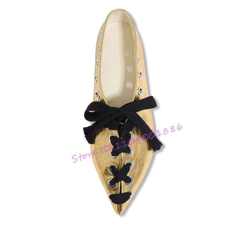 Golden Pointed Toe Lace-Up Ballet Flat Shoes for Women French Style Retro Leather Shallow Mary Jane Shoes Summer Hollow Pumps