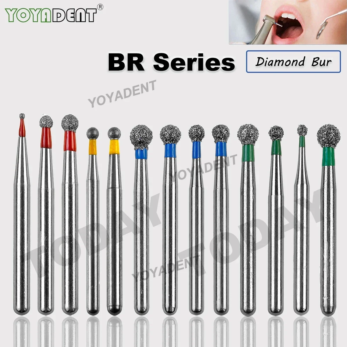 Brocas de diamante dentárias tipo br, bola grossa redonda fg 1.6mm, polimento de dentes para peça de mão de alta velocidade, aço inoxidável 10