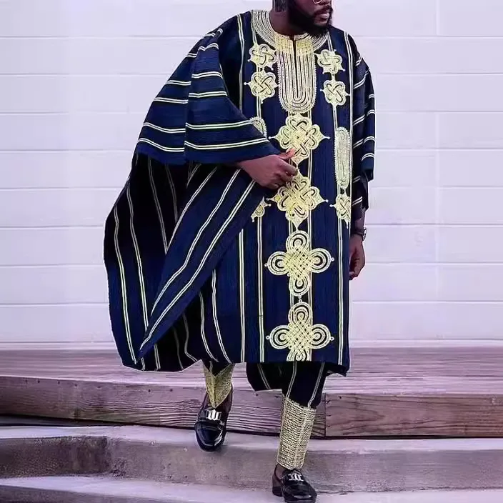 African Ethnic Print Casual Men's Suit Traditional Clothes Robe Shirt Pants Three-piece Party Costume Dashiki