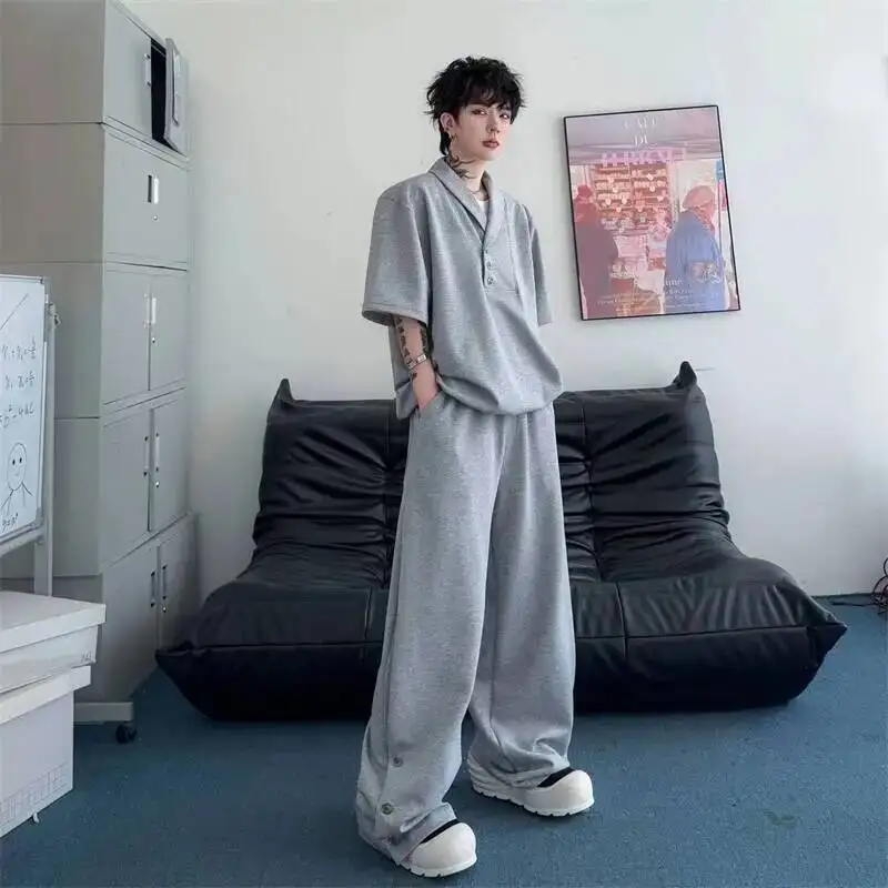 Grey New Summer Men's Two Pieces Set Turn Down Collar Fake Short Sleeve Sweatshirt And Casual Wide Leg Long Pants GPBW view 2