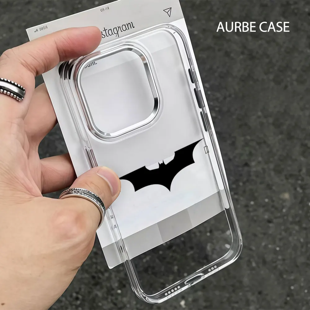 Funda Aurbe para iPhone 17 16 15 14 13 12 11 Pro Max 16E, Marco Plateado para la Lente, Carcasa Transparente Negra, Diseño Clásico B-BatmanS