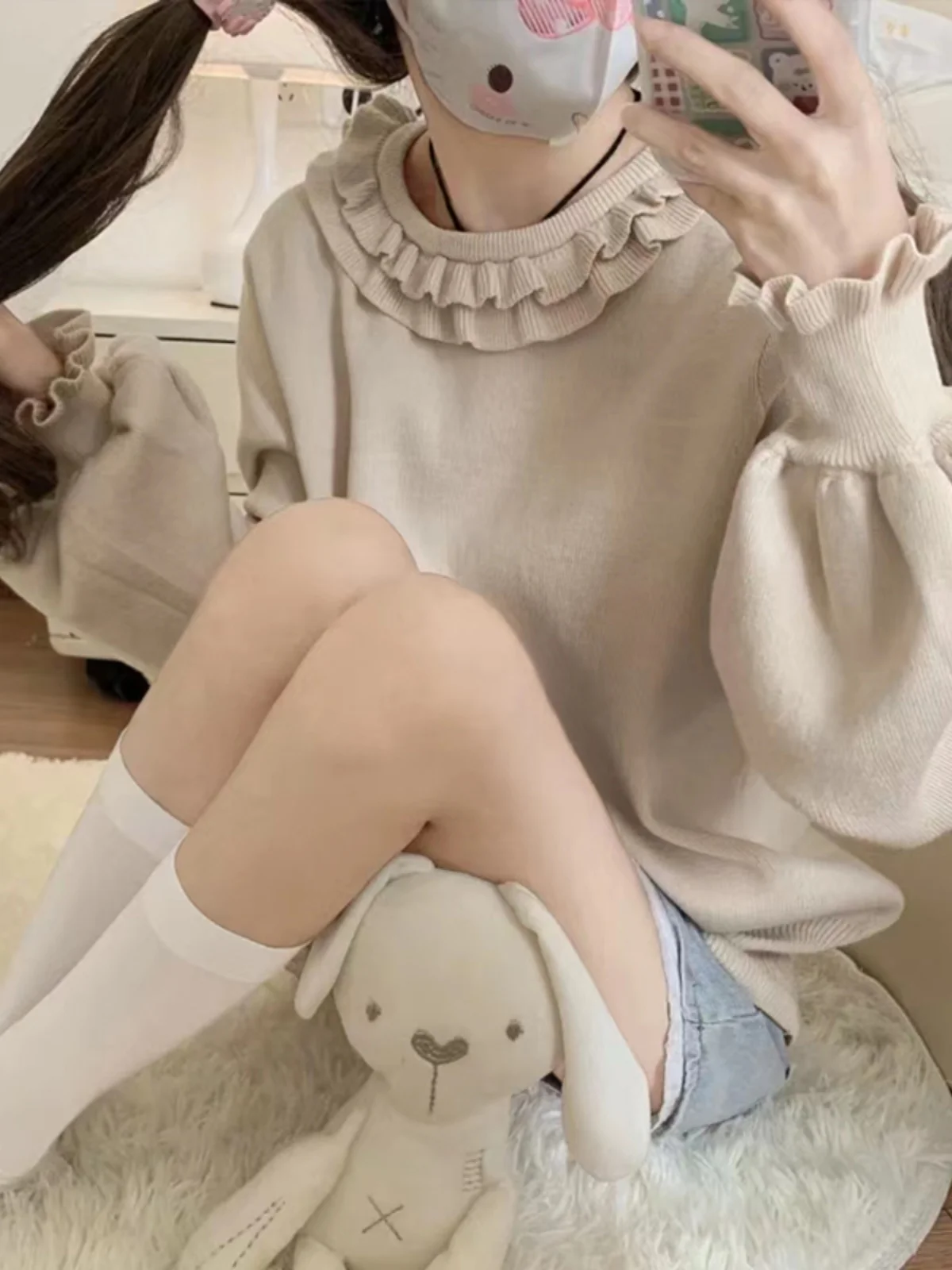 

NONSAR Cute Lolita Style Knitted Pullover Soft Girl Student Kawaii Latern Sleeve Solid Knitwear Sweater Autumn Winter Base Top