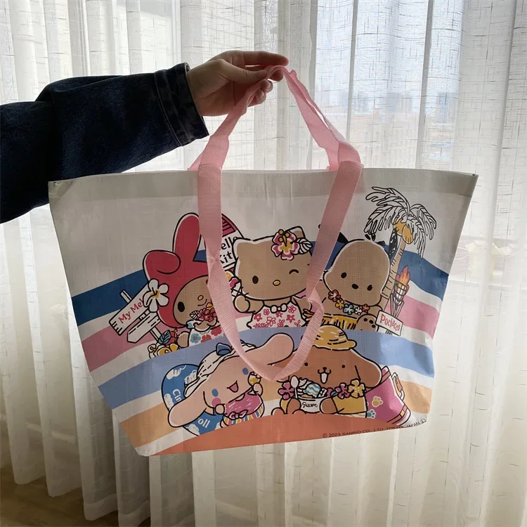 Sanrio-Bolso de lona de Hello Kitty para mujer, bolsa de lona ecológica de gran capacidad, bolsos de un solo hombro, bolsas de tela para compras,