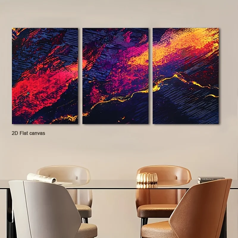 Frameless canvas 3pcs Modern Art Magenta Orange & Suitable For Wall -  Wrapped Canvas, Pixelated Line Art Decor,  Holiday Cen