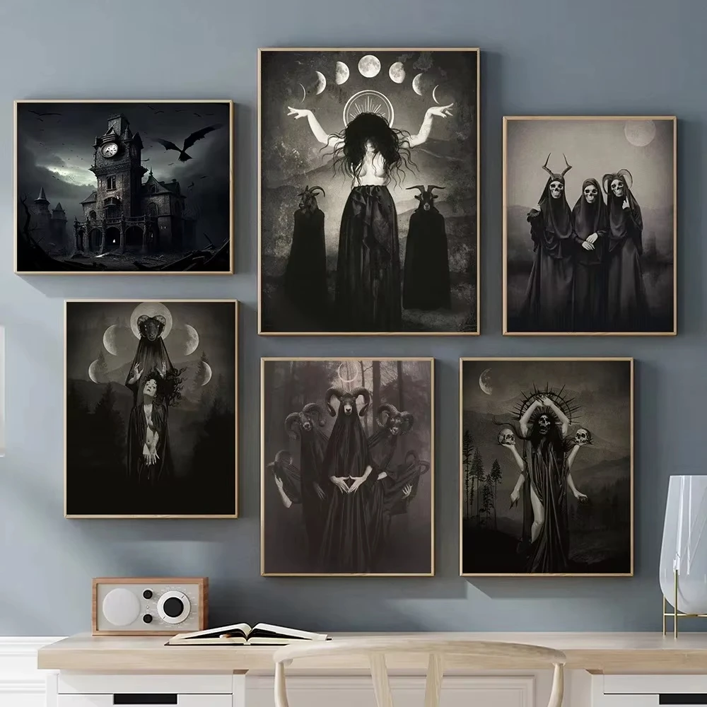 AA Dark Academia Art Black Death Poster Prints For Living Room Home Decor Nordic Gothic Horror Witch Canvas  Wall Art - view 3
