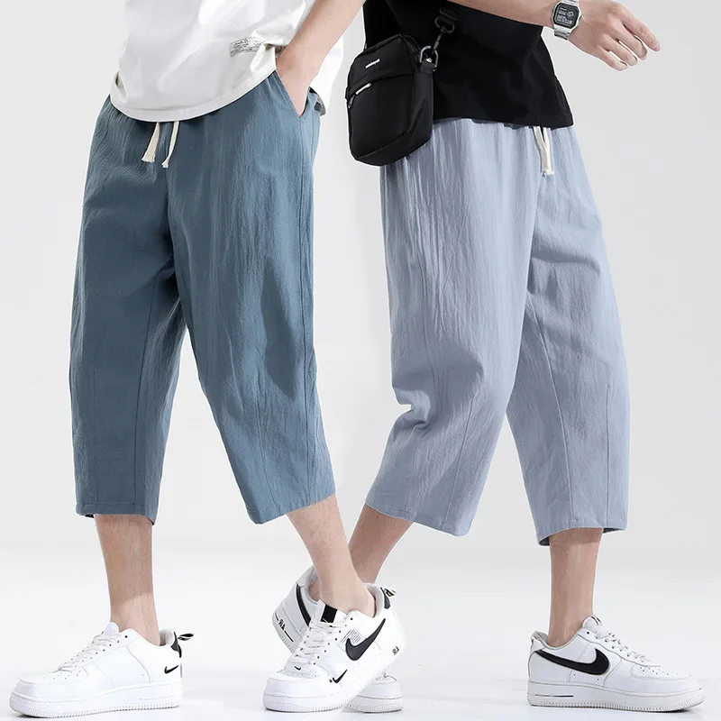 Summer Casual Pants Men's Wild Cotton and Linen Loose Linen Pants Korean Style Trend Nine-point Straight Trousers