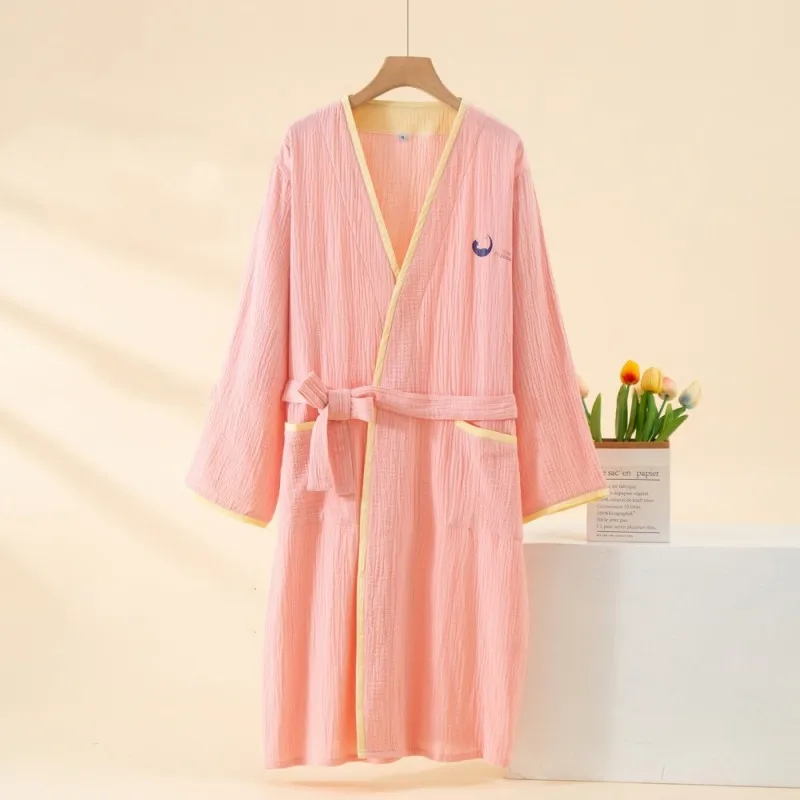 Double Layer Gauze Kimono Wome Home Bathrobe Contrasting Color Wrapped Waistband Long Sleeved Nightgown Yukata Pure Cotton Robe