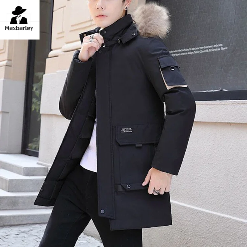 Winter Long Men's Parka High Quality Wool Collar Hooded Thickened Warm Down Jacket Padded Jacket Unisex Outdoor Sports Ski Coat