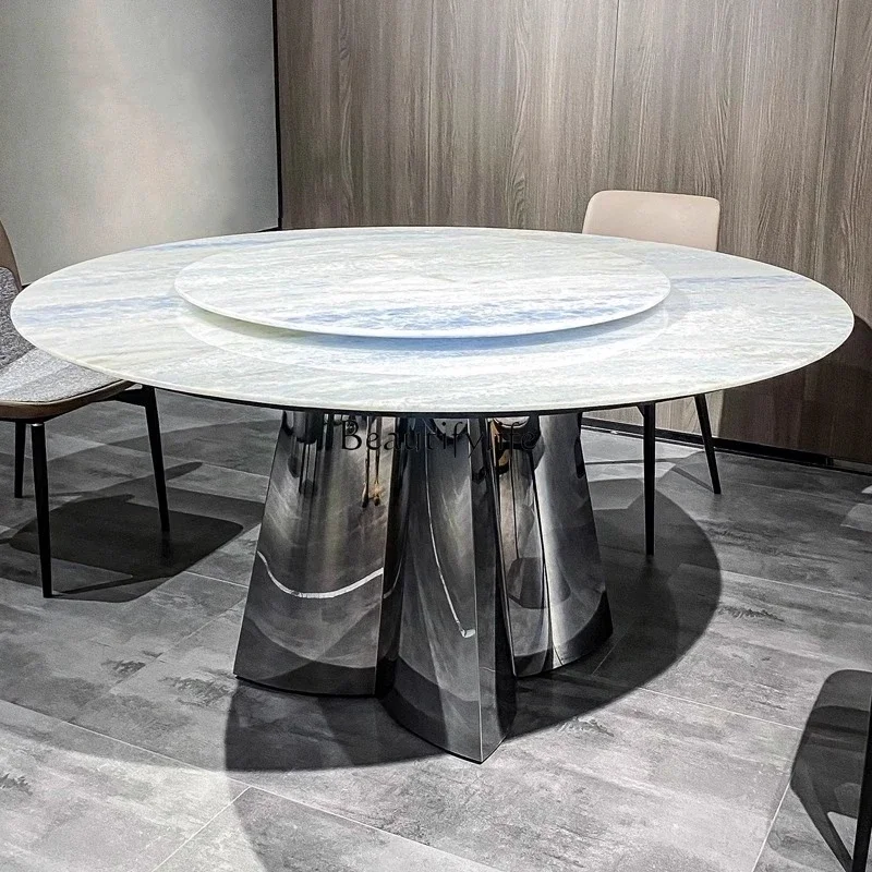 Blue crystal natural marble dining table Italian light luxury high sense with turntable round luxury stone dining table