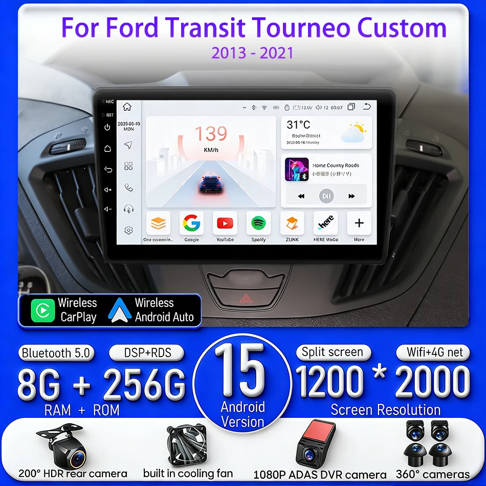 

Для Ford Transit Tourneo Custom 2013-2021: Автомобильный мультимедийный видеоплеер на Android 15 с беспроводным CarPlay, Android Auto, GPS, 2DIN