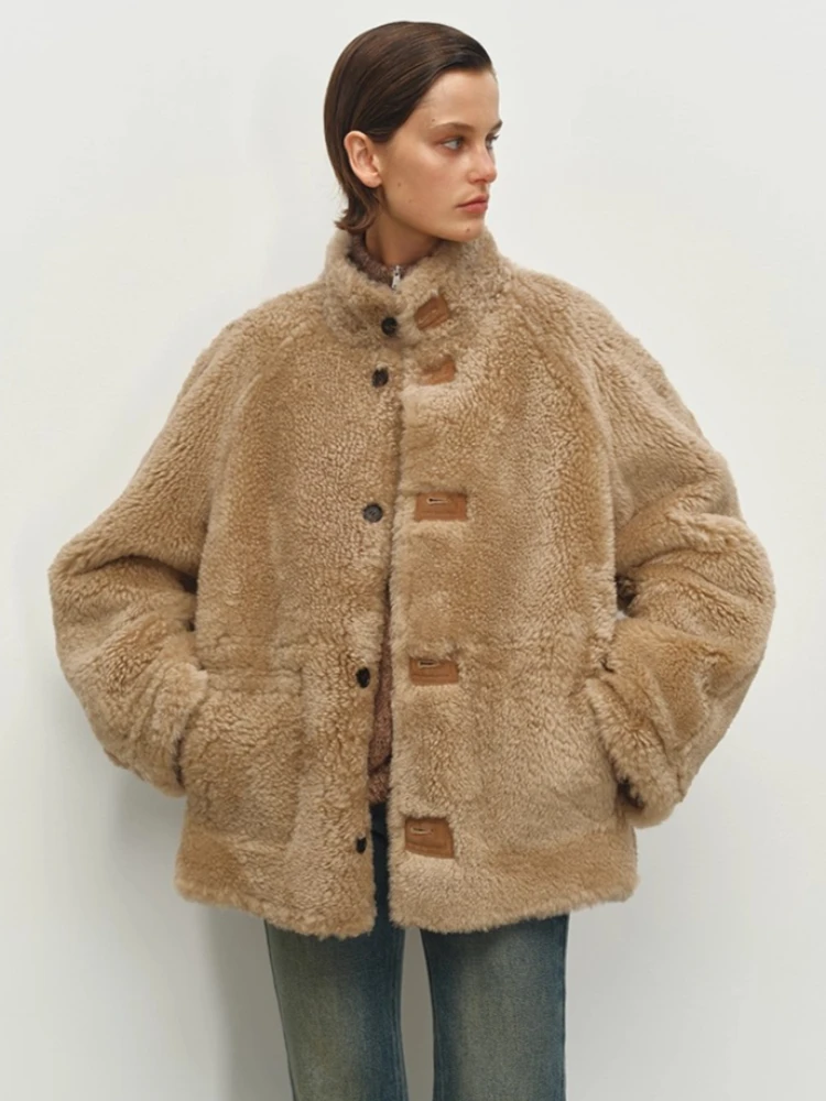 الراقية الفاخرة فرو الضأن الطبيعي سترات من جلد الغزال للنساء بسيطة خمر على الوجهين ارتداء الشتاء جلد طبيعي معطف الفرو الحقيقي #4