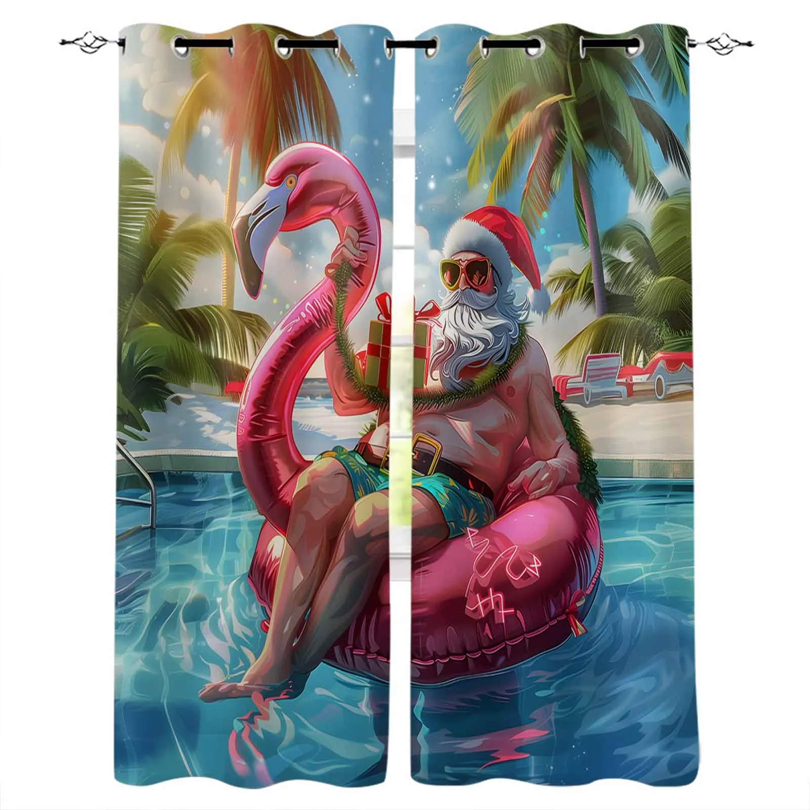 Christmas Flamingo Pool Santa Palm Tree Curtains For Living Room Kids Bedroom Window Curtain Hall Drape Long Cortinas