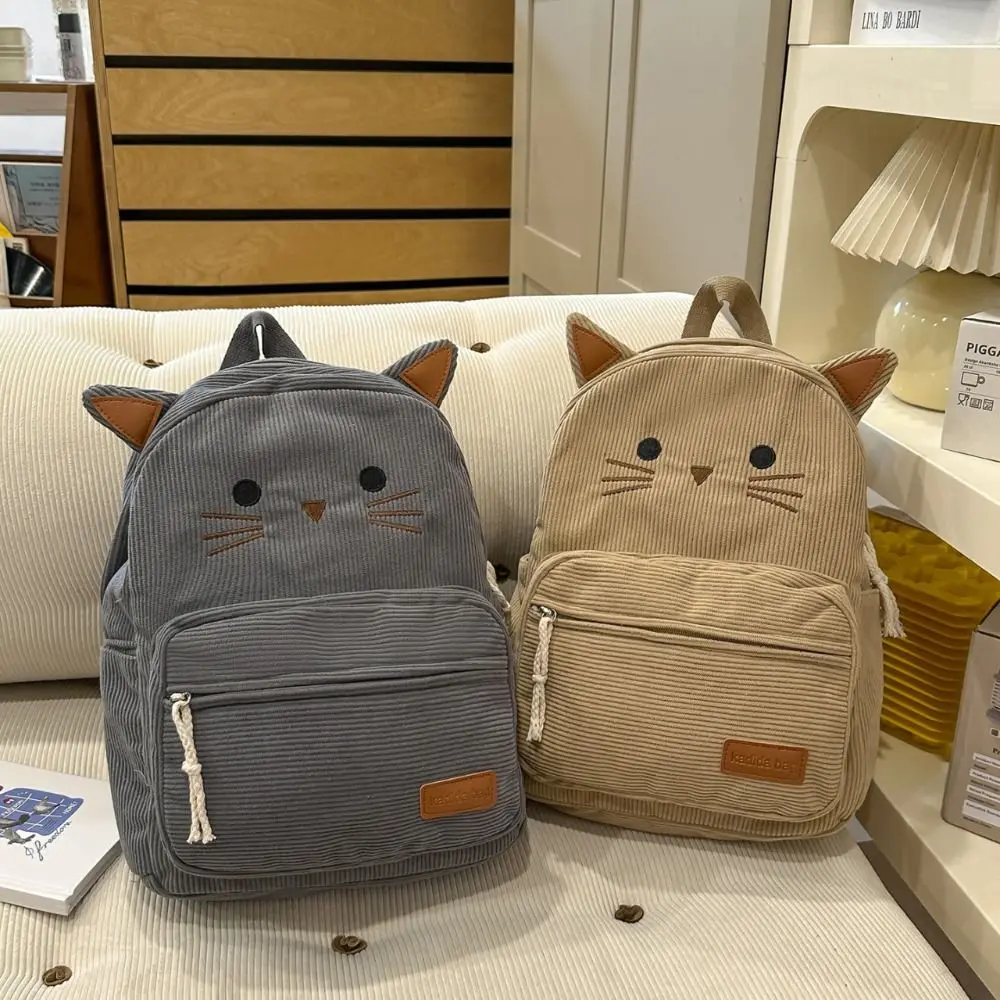Cute Sweet Cartoon Cat Backpack Minimalist Printed Corduroy Rucksack Large Capacity Multicolored Student School Bag Travel Use