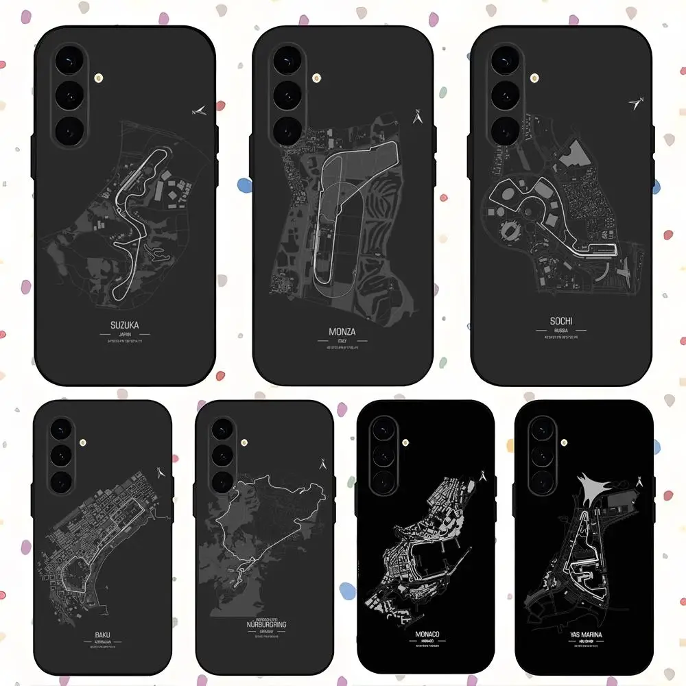 Cool F1 Race Track Print Phone Case For Samsung Galaxy S25 S24 S23 S22 S21 S20 Plus Ultra Note20 Soft Black