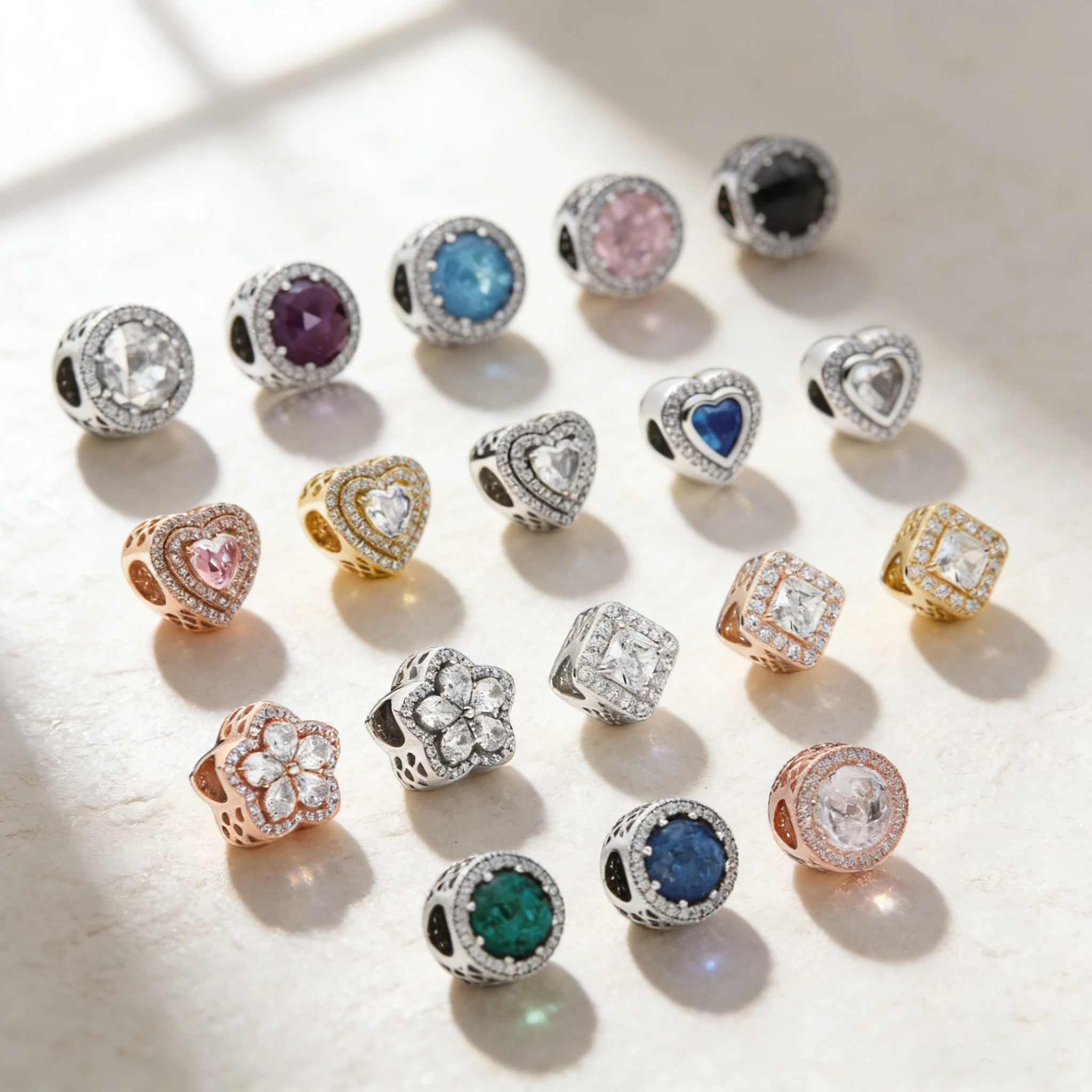 Sparkling Heart Snowflake Square Halo Round Charm Fit for Original Bracelet Beads Suitable for DIY Jewelry and Women's Gifts