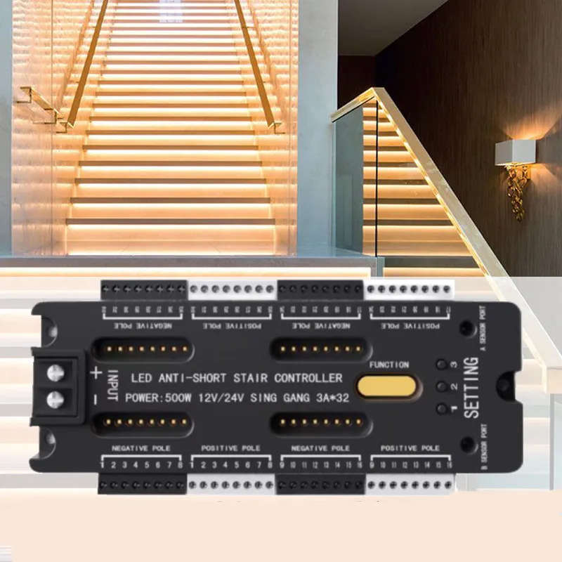 Contrôleur d'éclairage LED pour escalier avec détecteur de mouvement, bande de marches d'escalier, PIR intérieur, 32 canaux, DC 12V, 24V, 500W