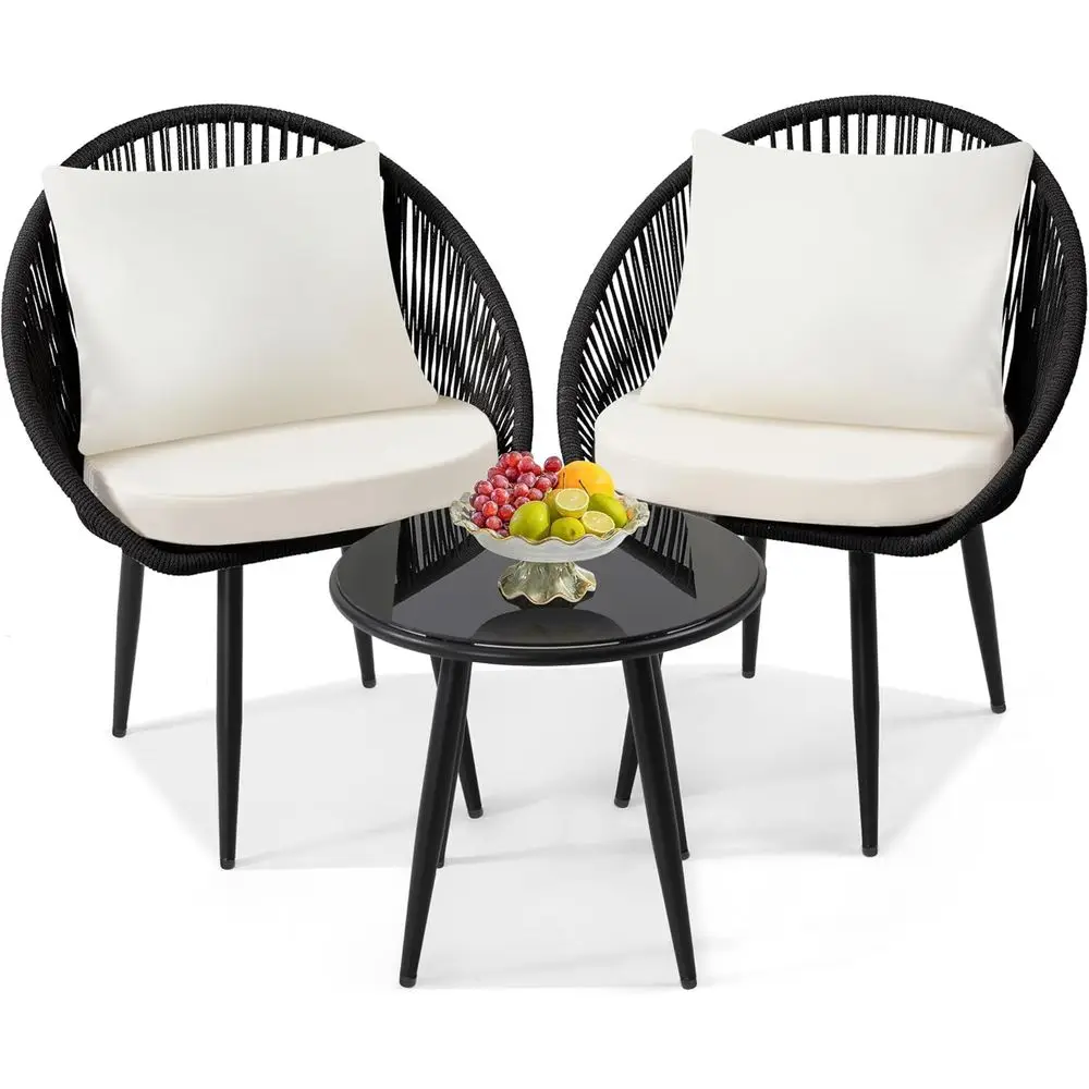 

All-Weather Wicker Bistro Set with Cushions, Perfect for Outdoor Deck, Balcony, or Poolside in Black